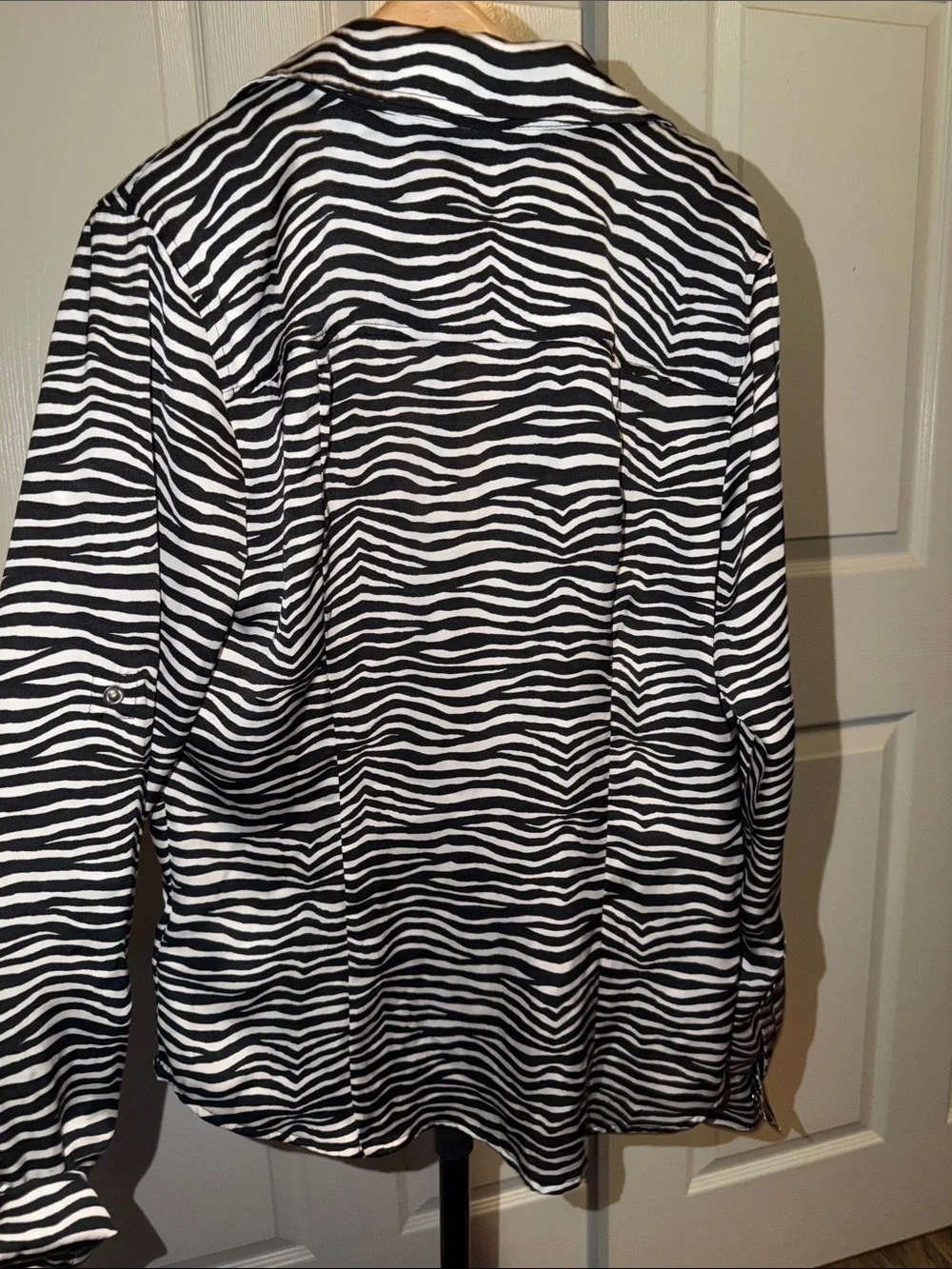 Zebra Print Zip-Front Women's Blouse- Black & White